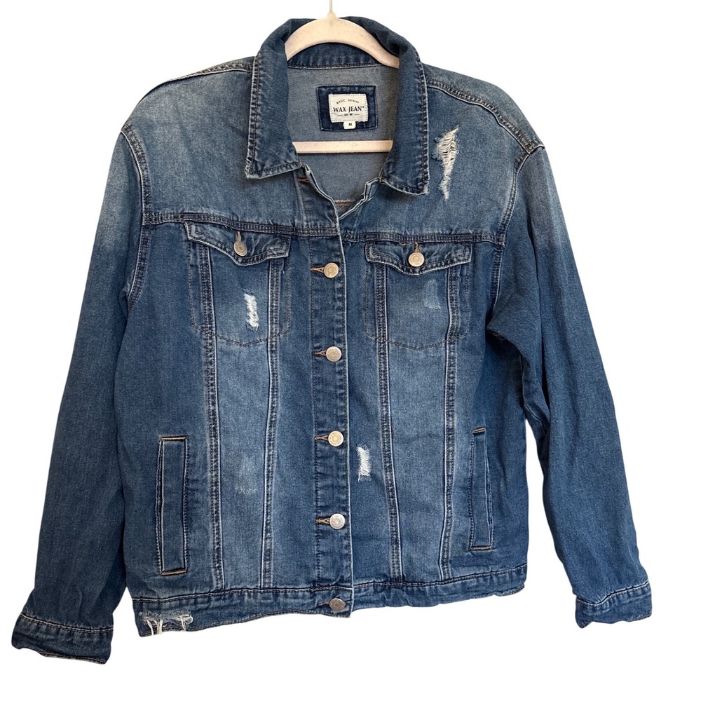 Wax Jean Women Distressed Denim Jacket Medium Wash Blue Ripped Cotton 90091 M - Picture 3 of 7